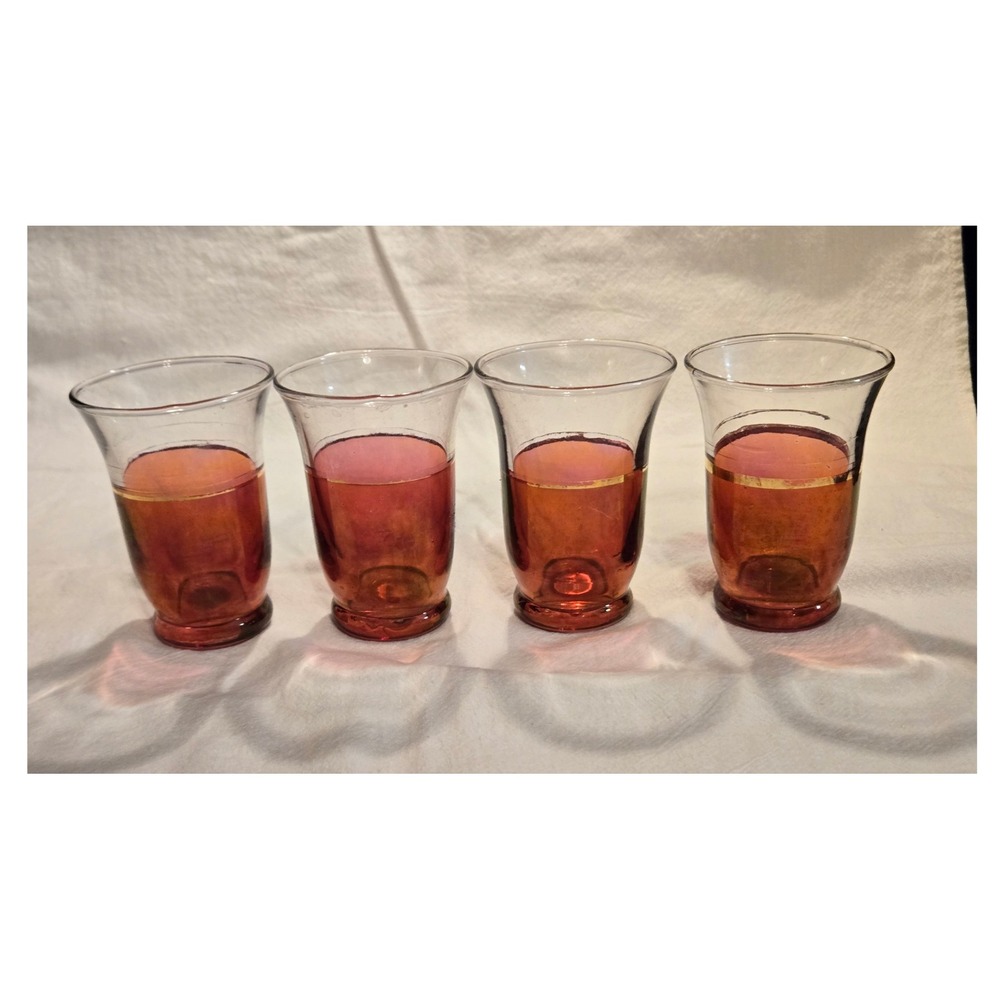 Unbranded Cranberry Glass Tumblers Set of 4 Red Clear Gold Band Vintage